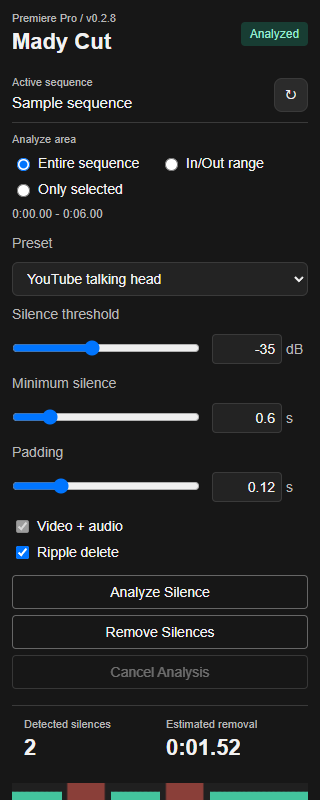 Mady Cut panel showing area selection, threshold, minimum silence and padding controls